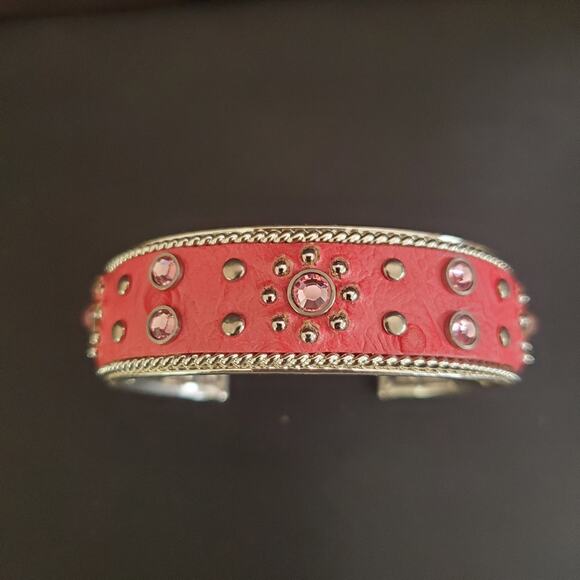 Pink and Silver Tone Cuff Bracelet with Faux Leather and Rhinestone Accents - Picture 2 of 9